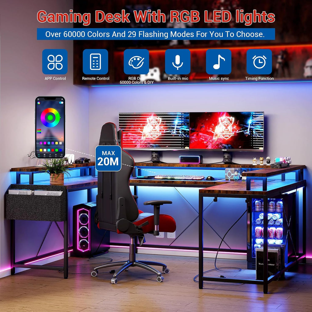U Shaped Desk with Power Outlets, USB Ports & RGB LED Lights, 79 Inch Large Corner Computer Desk with Monitor Stand, Reversible Gaming Desk for Home Office, Ergonomic Workstation (Rustic Brown)