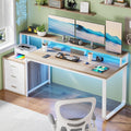 HOMBCK 67' Computer Desk with 3 Drawers, Home Office Desk with Long Monitor Stand and Printer Space, Office Desk with Storage & LED Lights, Writing Desk with Drawers, Walnut and White