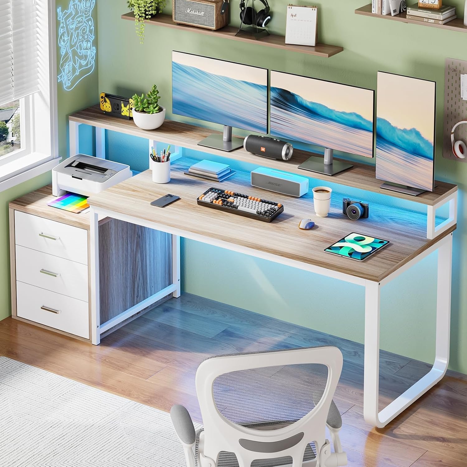 HOMBCK 67' Computer Desk with 3 Drawers, Home Office Desk with Long Monitor Stand and Printer Space, Office Desk with Storage & LED Lights, Writing Desk with Drawers, Walnut and White
