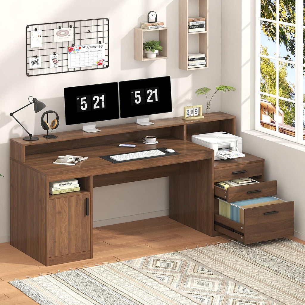 YOMILUVE Computer Desk with 3 Drawers & Storage Shelves, 65 Inch Home Office Desk with File Drawer & Cabinet, Writing Study Desks with Monitor Stand & Printer Shelf, Executive Desk, Brown