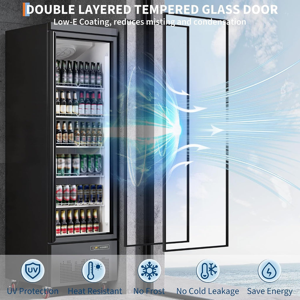 IDEALHOUSE Commercial Merchandiser Refrigerator, 24.7 Cu.Ft, Glass Door, Beverage Cooler, 5 Adjustable Shelves, Bar Fridge, Commercial Display, Large Capacity, Black, For Restaurant, Store, Bar