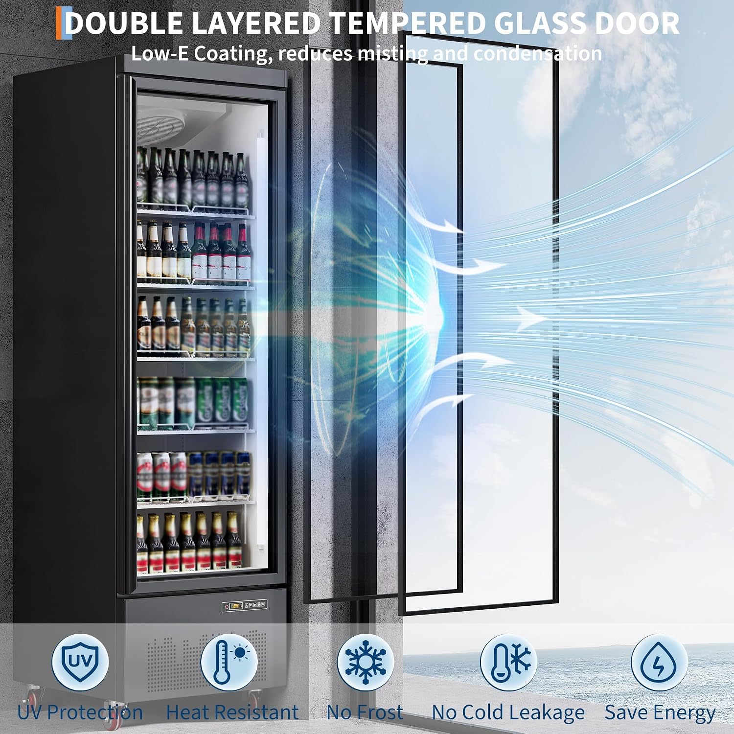 IDEALHOUSE Commercial Merchandiser Refrigerator, 24.7 Cu.Ft, Glass Door, Beverage Cooler, 5 Adjustable Shelves, Bar Fridge, Commercial Display, Large Capacity, Black, For Restaurant, Store, Bar