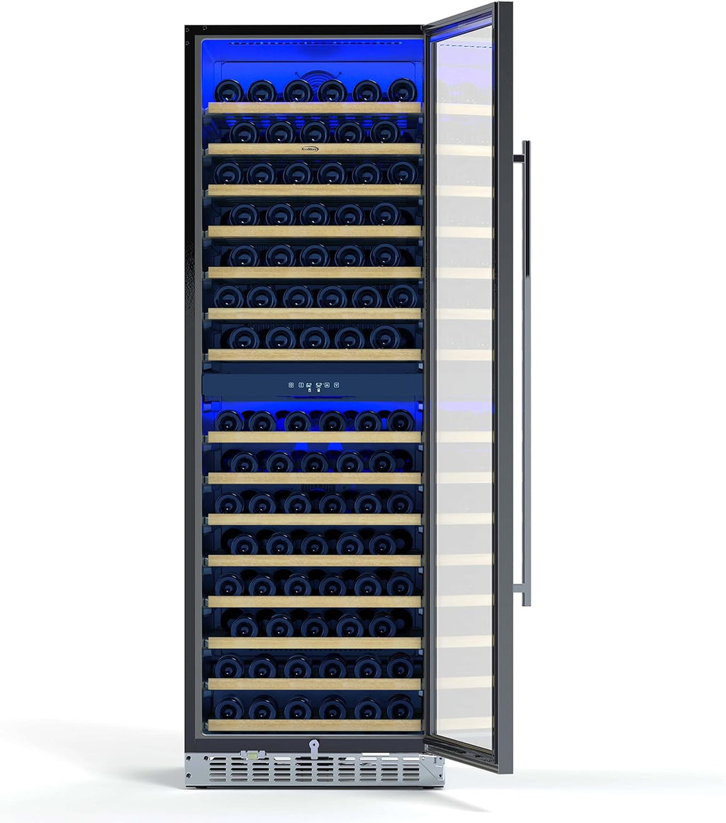 KoolMore 24' Inch 15.1 Cu.Ft. Dual Zone Wine Cooler Refrigerator, Freestanding or Built-In Unit, Stainless Steel Finish, Temperature Control, and Door Lock (KM-CW155DZ-SS), Silver, 155 Wine Bottles