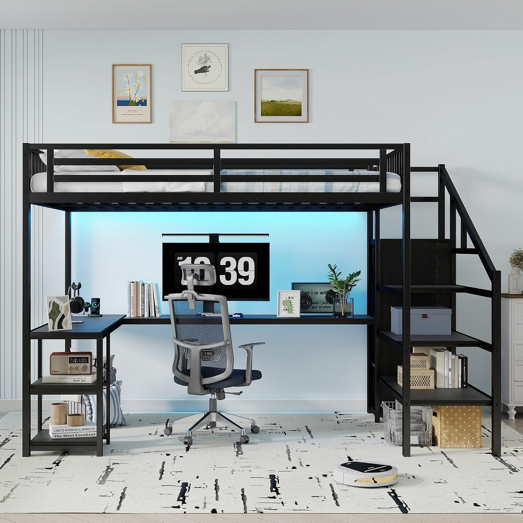 Queen Size Loft Bed with Desk and Stairs, Gaming Loft Bed with RGB LED Light and Storage, Heavy-Duty Metal Loft Beds Frame with Wardrobe, Shelves and Charging Station for Adults Kids Teens, Black