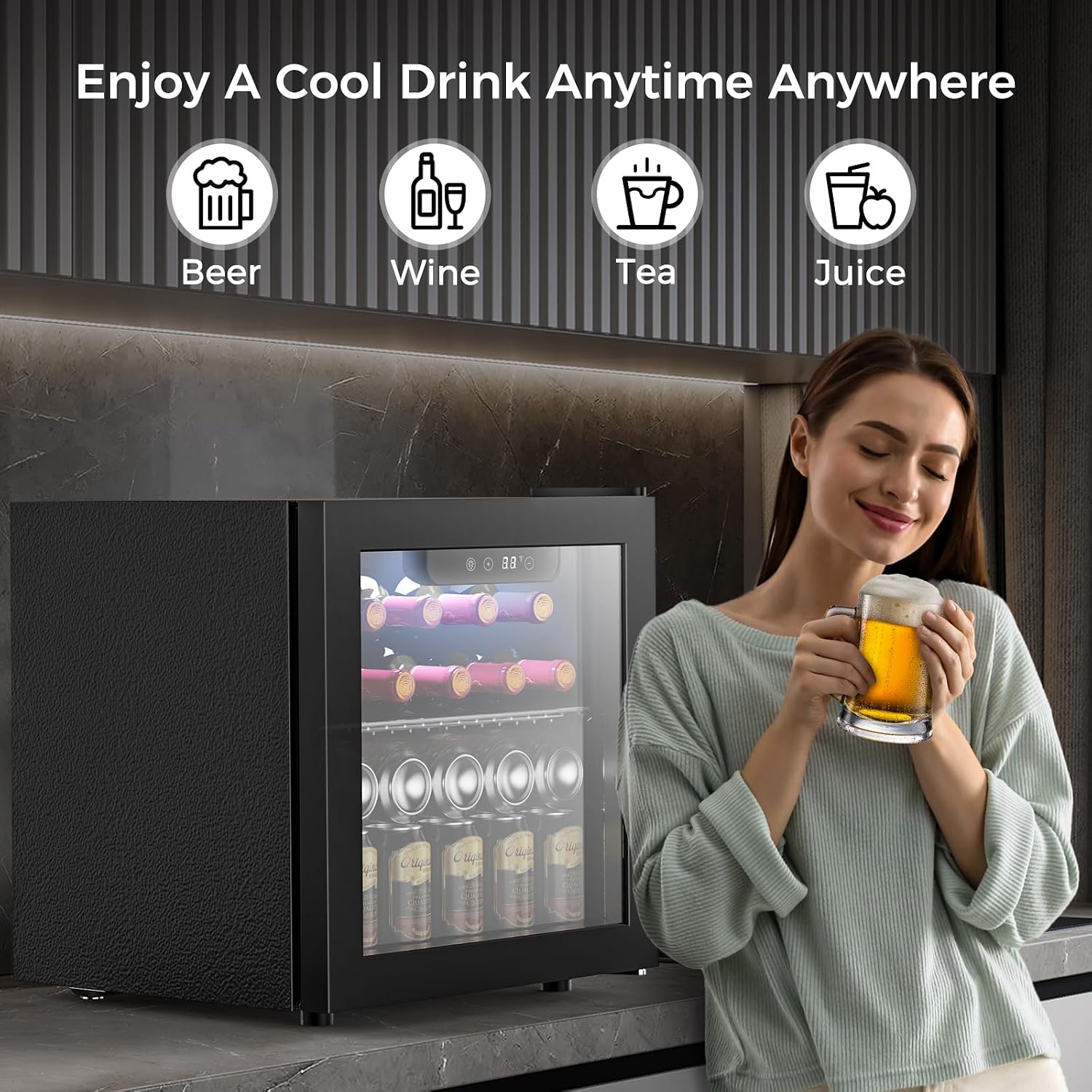 Kndko Mini Beverage Refrigerator - 48 Can Mini Fridge with Digital Temperature Control, LED Light, Reversible Door, Perfect for Home, Office, Bar, and Game Room - 1.3 Cu.Ft, Black