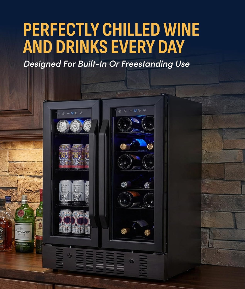 NewAir 24' Dual Zone Beverage Refrigerator & Wine Cooler for 18 Bottles & 58 Cans | Freestanding or Built-In Under Counter Mini Fridge for Beer, Wine and Soda | Black Stainless Steel