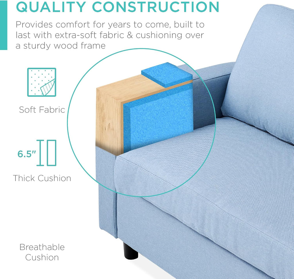 Best Choice Products Upholstered Sectional Sofa for Home, Apartment, Dorm, Bonus Room, Compact Spaces w/Chaise Lounge, 3-Seat, L-Shape Design, Reversible Ottoman Bench, 680lb Capacity - Light Blue