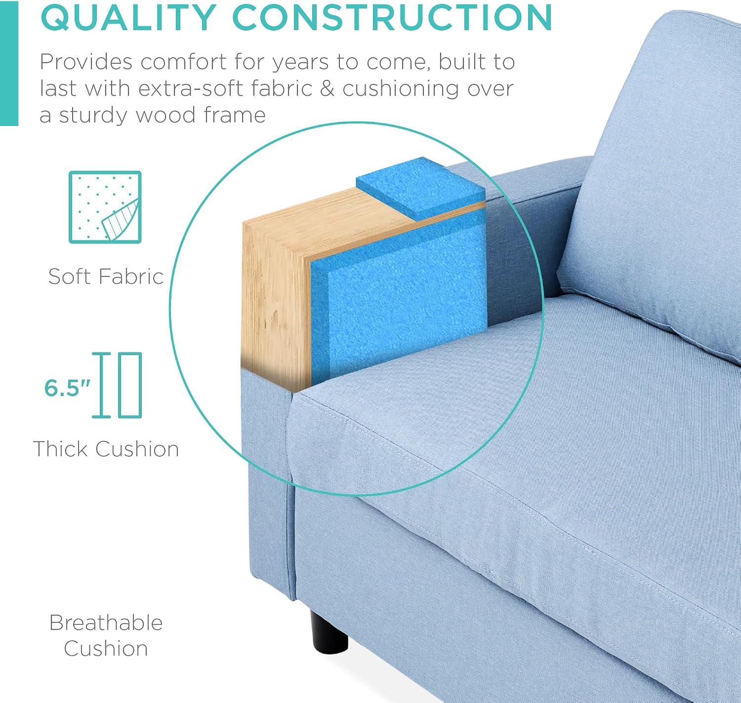 Best Choice Products Upholstered Sectional Sofa for Home, Apartment, Dorm, Bonus Room, Compact Spaces w/Chaise Lounge, 3-Seat, L-Shape Design, Reversible Ottoman Bench, 680lb Capacity - Light Blue