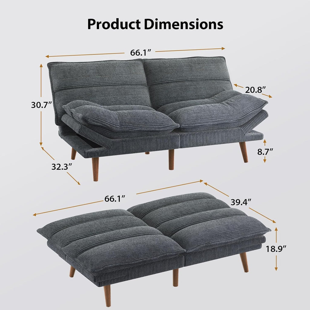 Pipishell Futon Sofa Bed, Convertible Futon Adjustable Backrest & Armrests, Corduroy Sleeper Couch for Small Spaces, Living Room, Office, Guest Room (Asphalt Grey, 66 Inch)