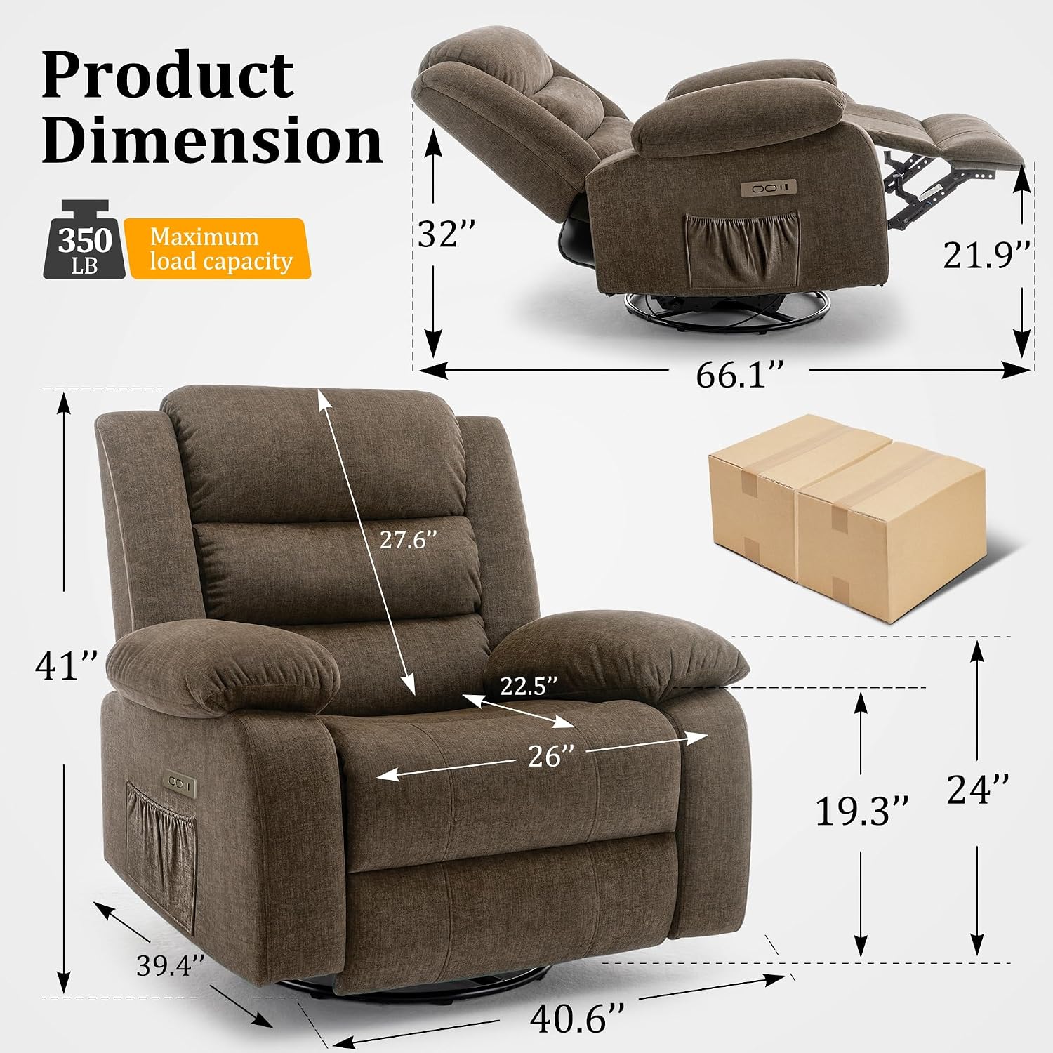 Korser Power Recliner Chair, Electric Rocker Recliner with Massage and Heat, 270° Swivel Glider, Oversized Wide Seat with USB Port, Cashmere Nursery Chair for Living Room, Brown