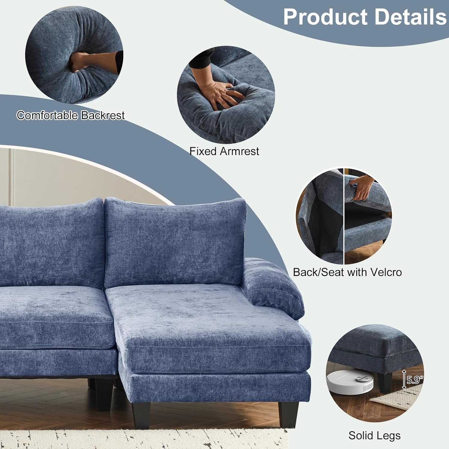 Karl home 111' Sectional Sofa U-Shaped 4-Seat Couch with Chaises Wood Grian Legs Chenille Fabric Upholstered for Living Room, Apartment, Office, Navy Blue