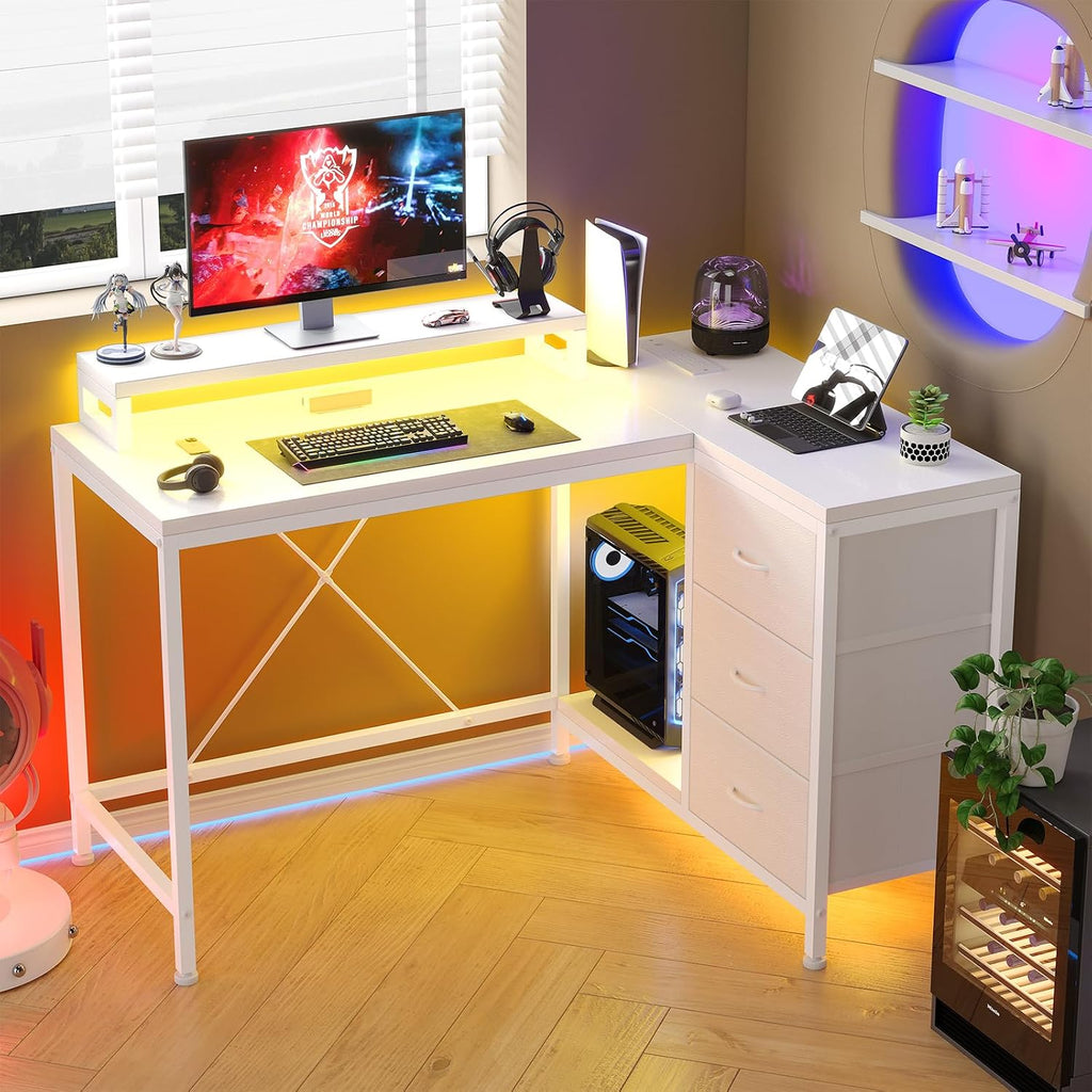 L Shaped Office Desk with Power Outlets, Computer Desk with Drawers, Shelves, for Gaming, Corner Work, Home Office, Study