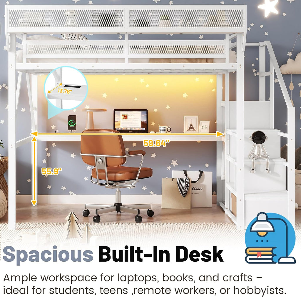 Full Loft Bed with Desk and Stairs, Metal Lofts Bed Full Size with Upper Storage Shelf, Gaming LoftBed with LED, Charging Station and Wardrobe for Teens, Adults,White