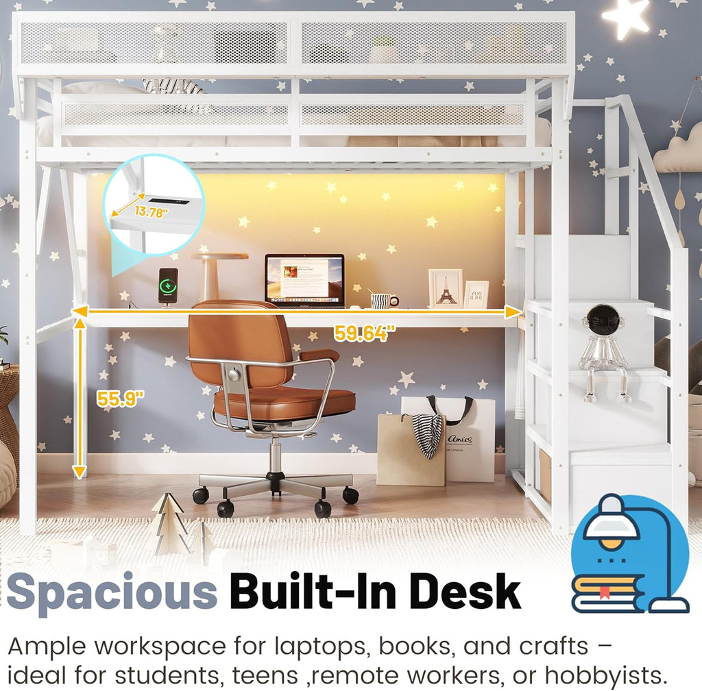 Queen Loft Bed with Desk and Stairs, Metal Lofts Bed Queen Size with Upper Storage Shelf, Gaming LoftBed with LED, Charging Station and Wardrobe for Teens, Adults,White
