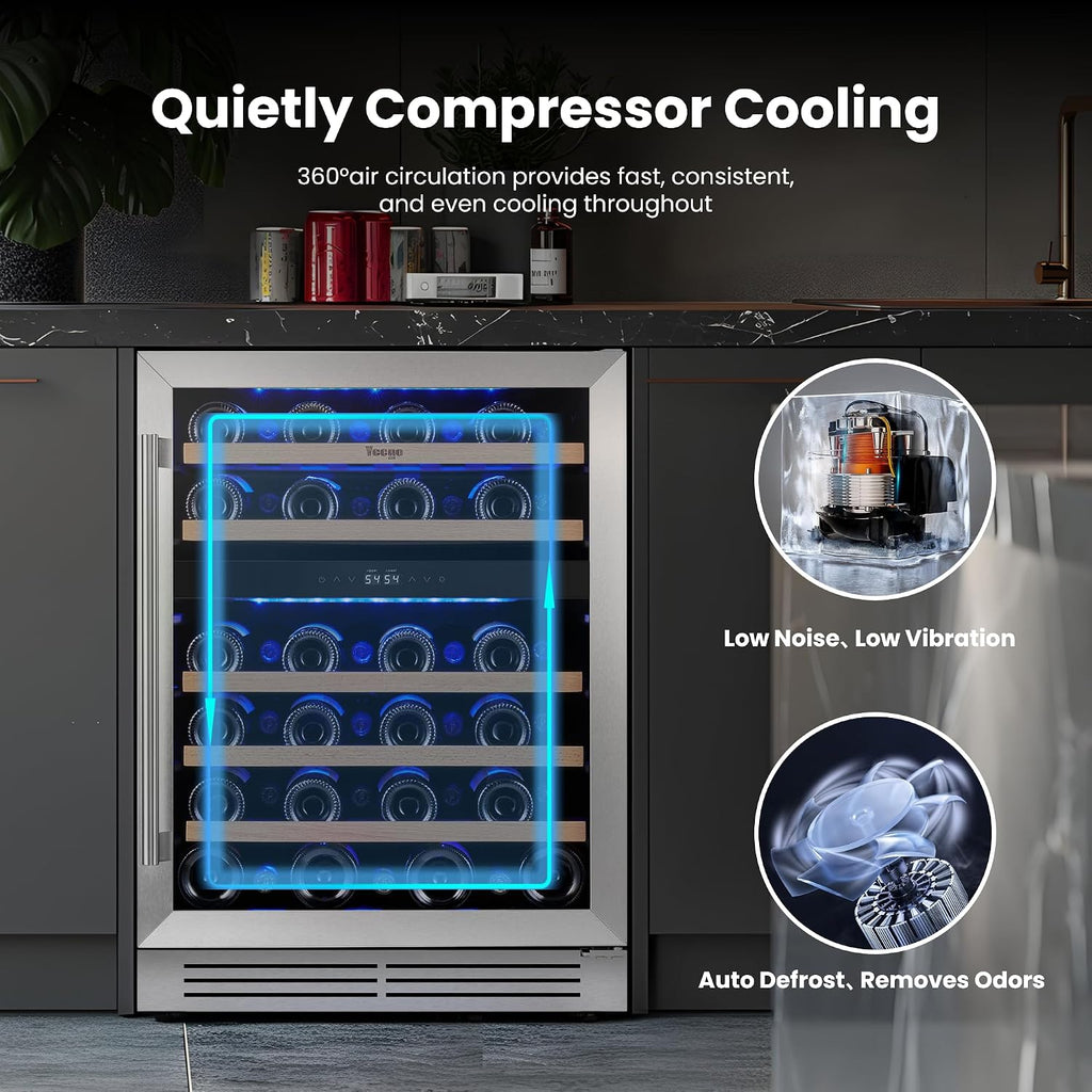 Yeego Wine Fridge Cooler - 24 Inch Dual Zone Wine Fridge Hold 52 Bottles, 40-65°F Wine Refrigerator Glass Door, Built in, Freestanding Under Counter Fridge for Beer Soda Drink Home Bar Office