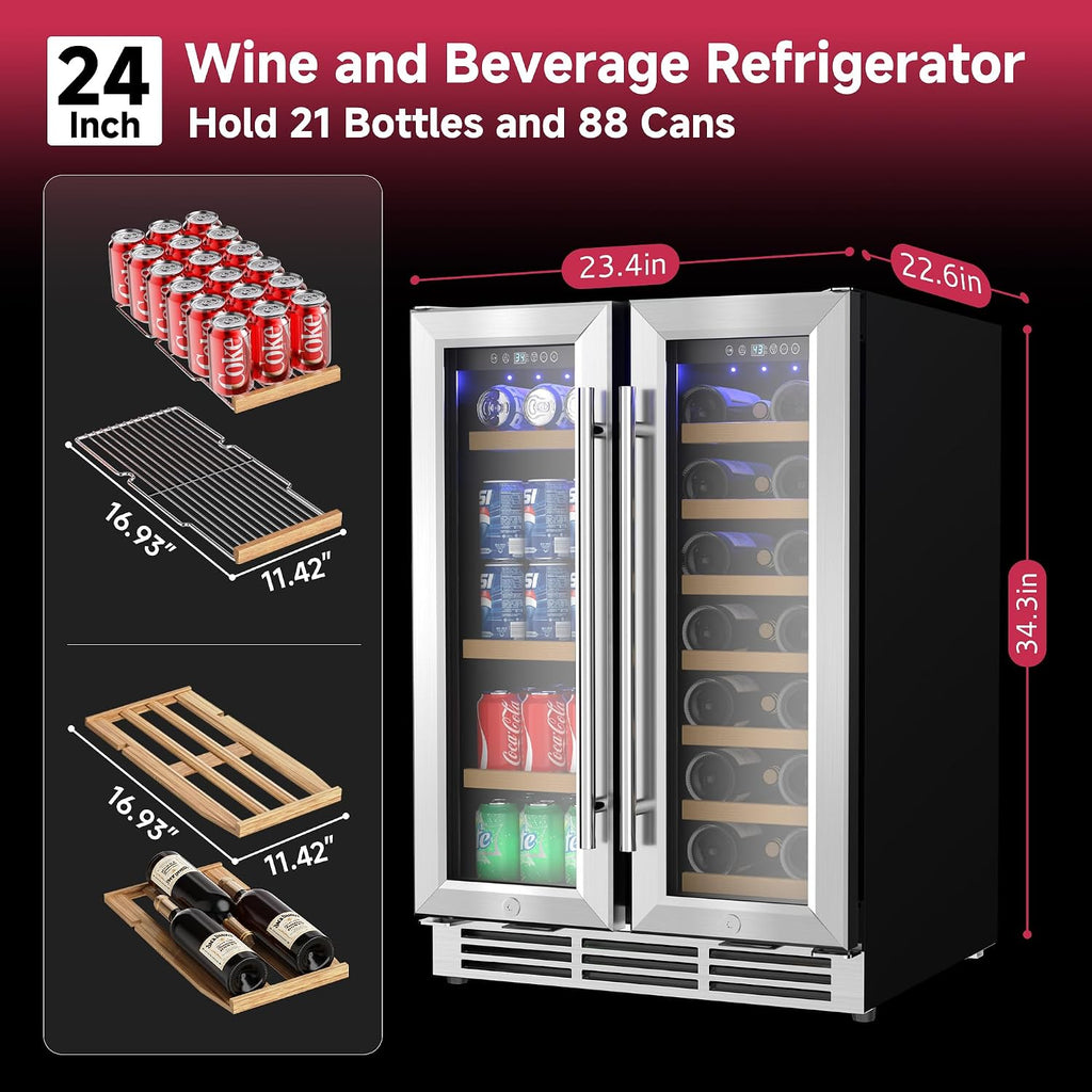 Icyglee 24' Wine and Beverage Refrigerator, Dual Zone Wine Cooler with Glass Door, Hold 88 Cans & 21 Bottles, Built in or Freestanding Under Counter Wine Fridge with Blue LED Light.