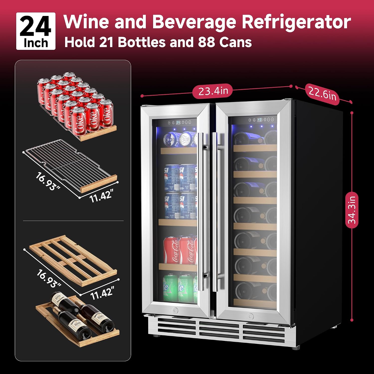 Icyglee 24' Wine and Beverage Refrigerator, Dual Zone Wine Cooler with Glass Door, Hold 88 Cans & 21 Bottles, Built in or Freestanding Under Counter Wine Fridge with Blue LED Light.