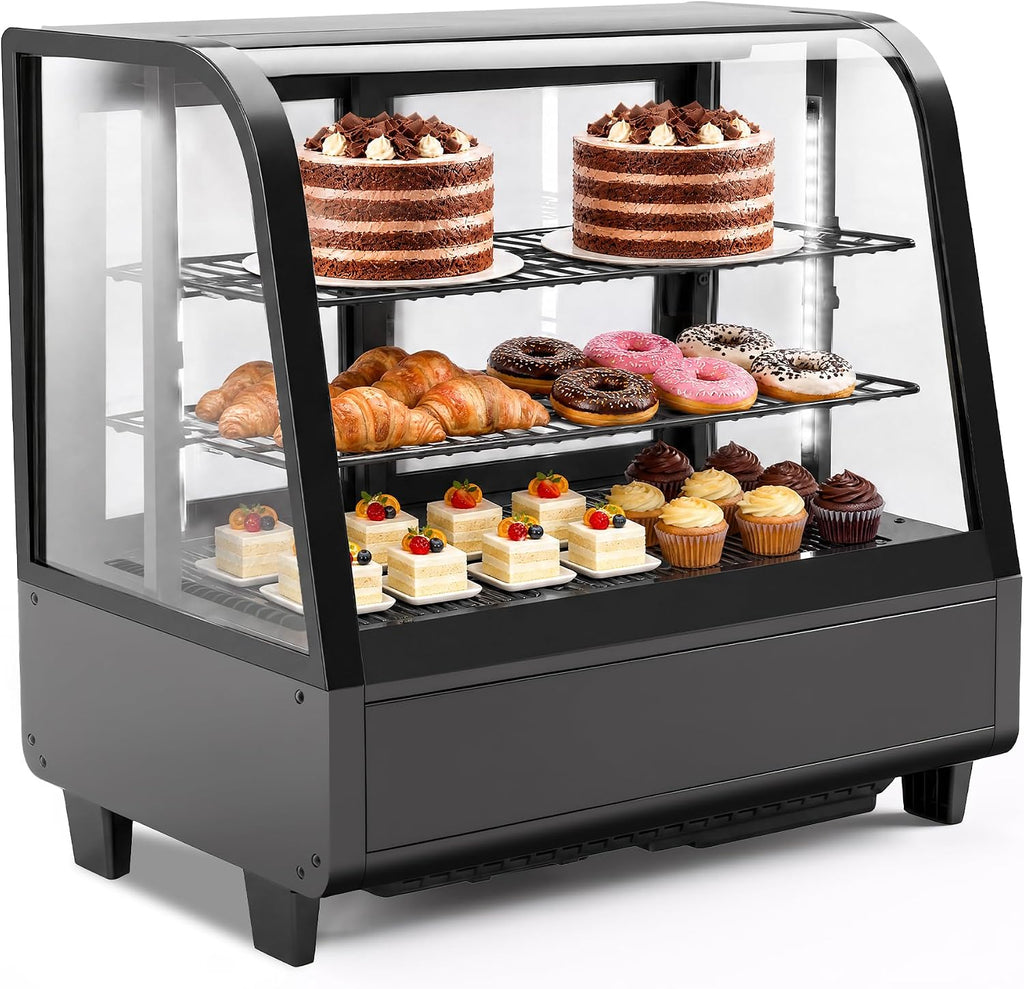 Tylza Commercial Refrigerator Display Case, 3.5 Cu.Ft/100L Countertop Refrigerated Showcase, White LED Lighting, Double Glass Door, 36-54°F, Auto Defrost for Bakery, Cafe, Store