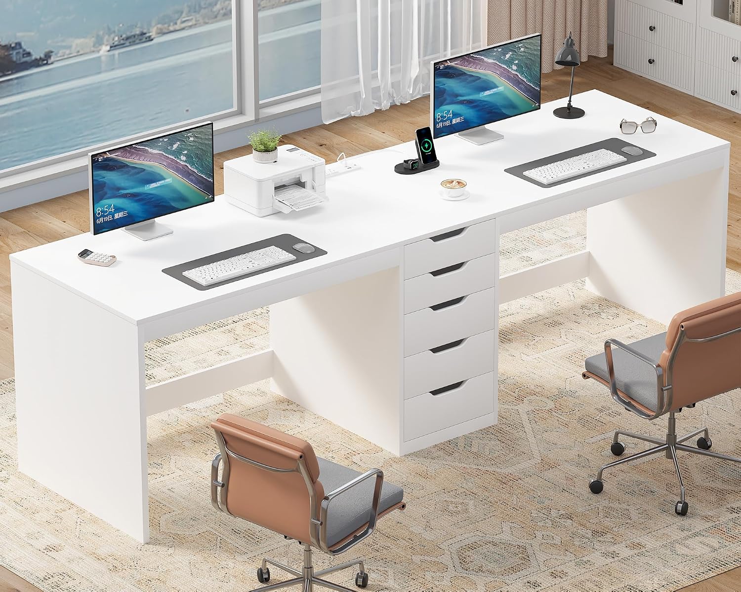 YOMILUVE 2 Person Desk with 5 Drawers and Power Outlets, 78.7 Inch Long Computer Desk with Storage File Cabinet, Two Person Home Office Double Desk with Storage, White
