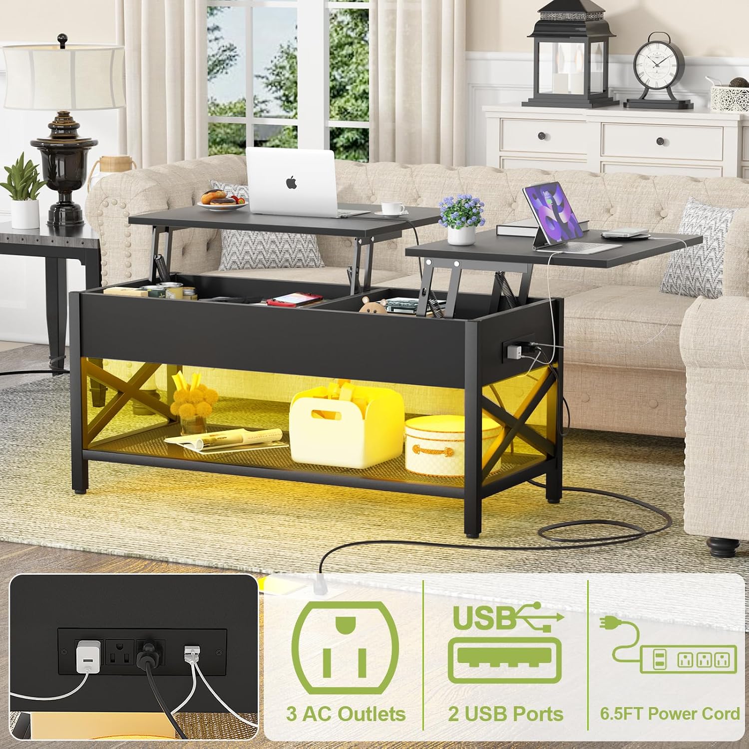 Aheaplus Black Lift-Top Coffee Table with LED Light, Power Outlets and Storage Shelf, 41.7'W x 19.69'L x 19.7'H