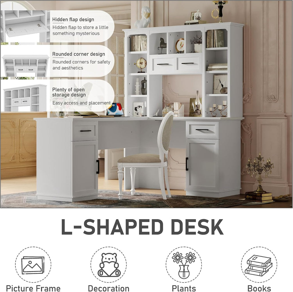 RuiSiSi L-Shaped Computer Desk with Hutch, Home Office Corner Desk with Drawers and Cabinet, Open Storage Shelves, Multi-Functional Writing Table for Study Room Bedroom Living Room, White