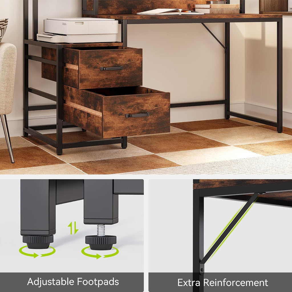 LITTLE TREE Computer Desk with Drawers and Hutch, 55' Gaming Desk with Storage Shelves, Modern Wooden Study Writing Desk for Bedroom Home Office, Brown