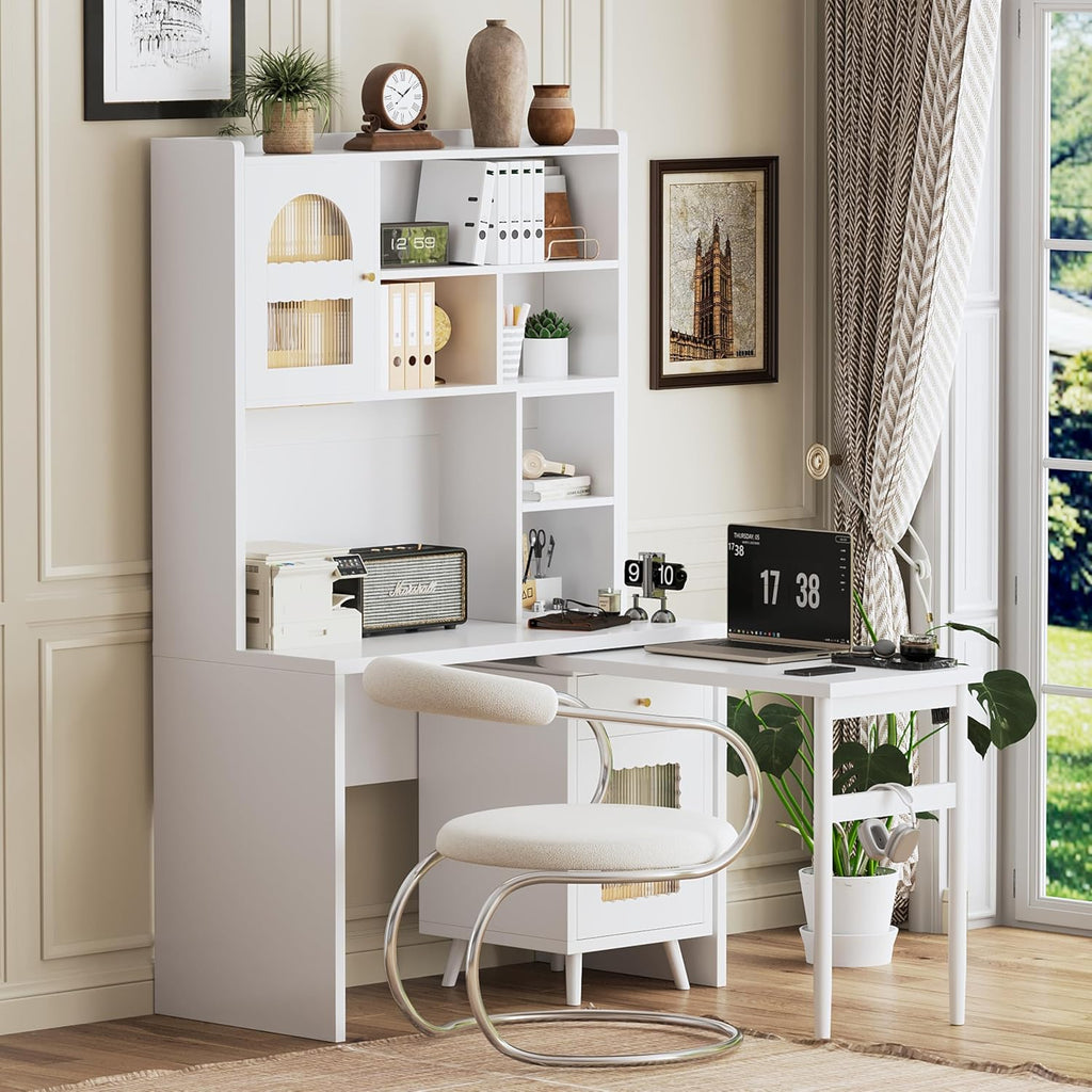 Bellemave Computer Desk with 90 Degree Rotating Desktop, 43x70 Inch Home Office Desk with Drawer and Storage Cabinets, Gaming Desk with Shelves, Writing Desk for Study (White)