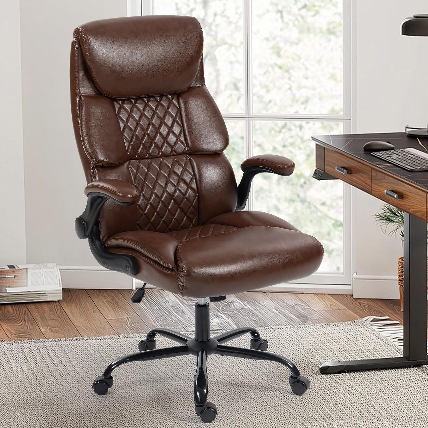 Office Chair - Ergonomic High Back Computer Desk Chair with Rocking Function & Lumbar Support - Executive Comfortable Wide Swivel Rolling Office Leather Chair with Flip-up Armrests for Home Gaming