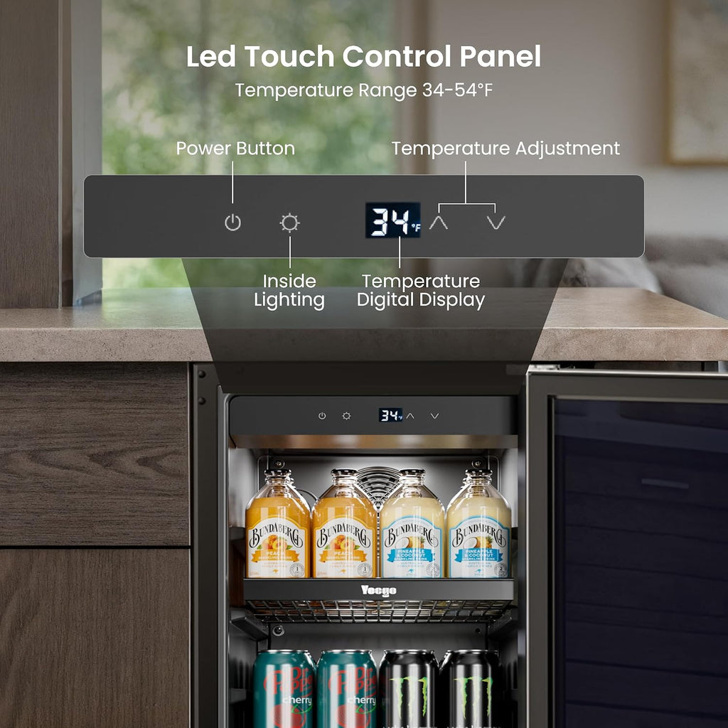 Yeego 15 Inch Beverage Refrigerator, 100-Can Beverage Cooler with Lock & Auto Defrost, Stainless Steel Indoor & Covered Outdoor Beverage Fridge, Freestanding or Under Counter for Beer, Soda & Wine