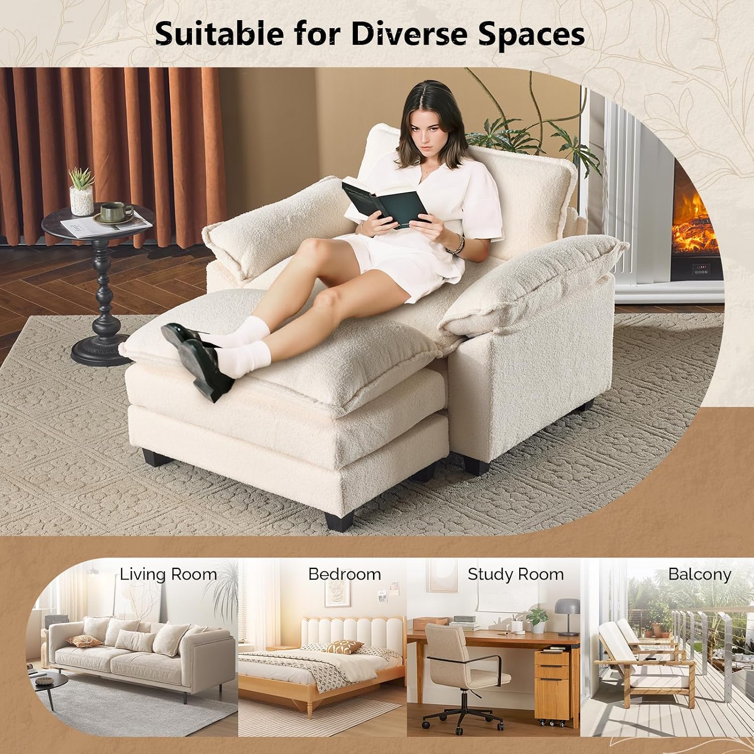 VINGLI Oversized Sofa Chair and a Half with Deep Seat & Movable 2-Layer Ottoman Set, Comfy Cloud Sofa Bed with Chaise, 1-Seater Modular Sectional Sleeper Couch for Living Room, Teddy-Fleece, Beige