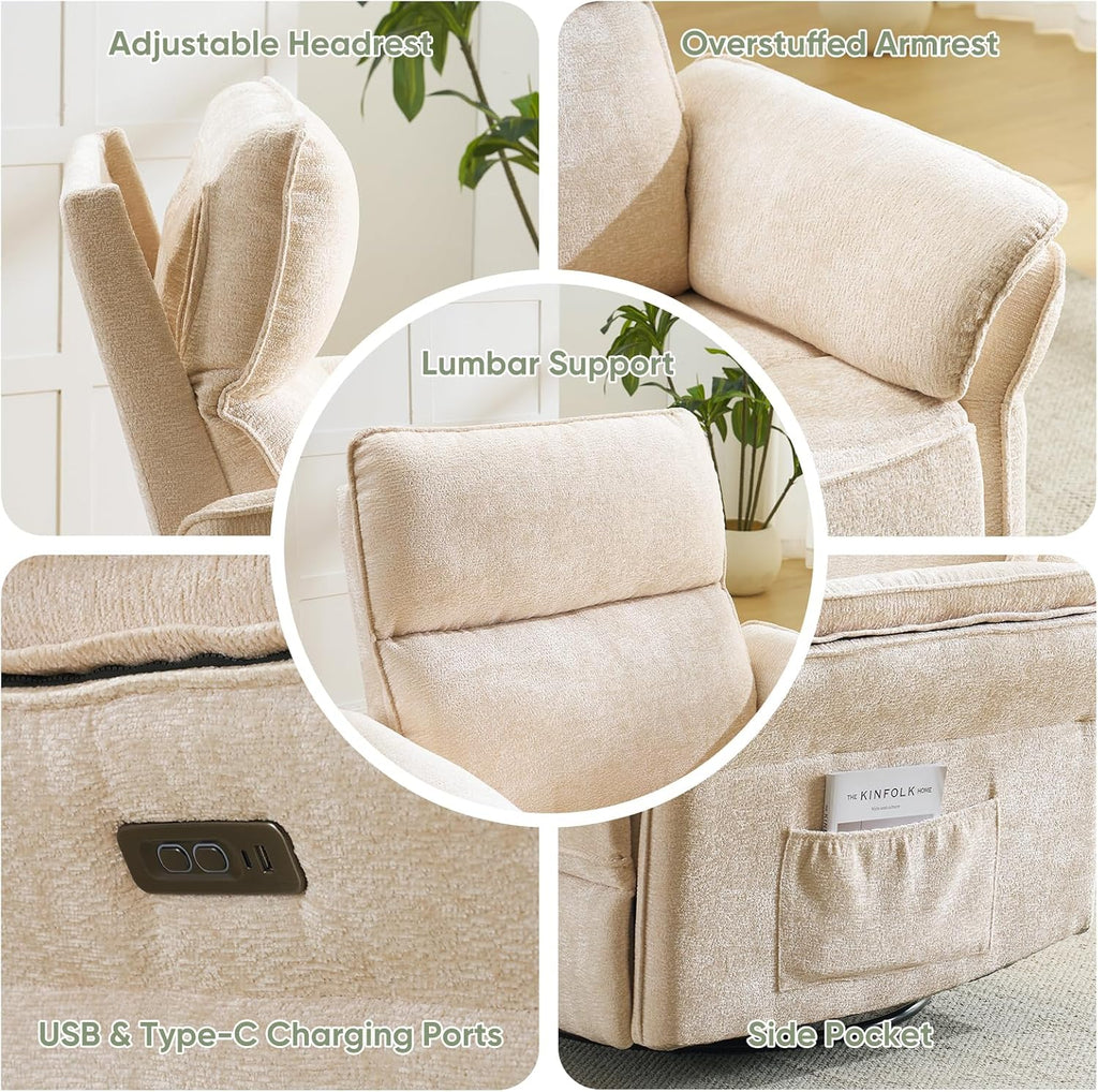 Power Swivel Rocker Recliner, Glider Recliner Nursery Chair with Massage and Heat, Nursery Rocking Chairs with Adjustable Headrest for Living Room，USB Ports,Side Pockets,Chenille Beige