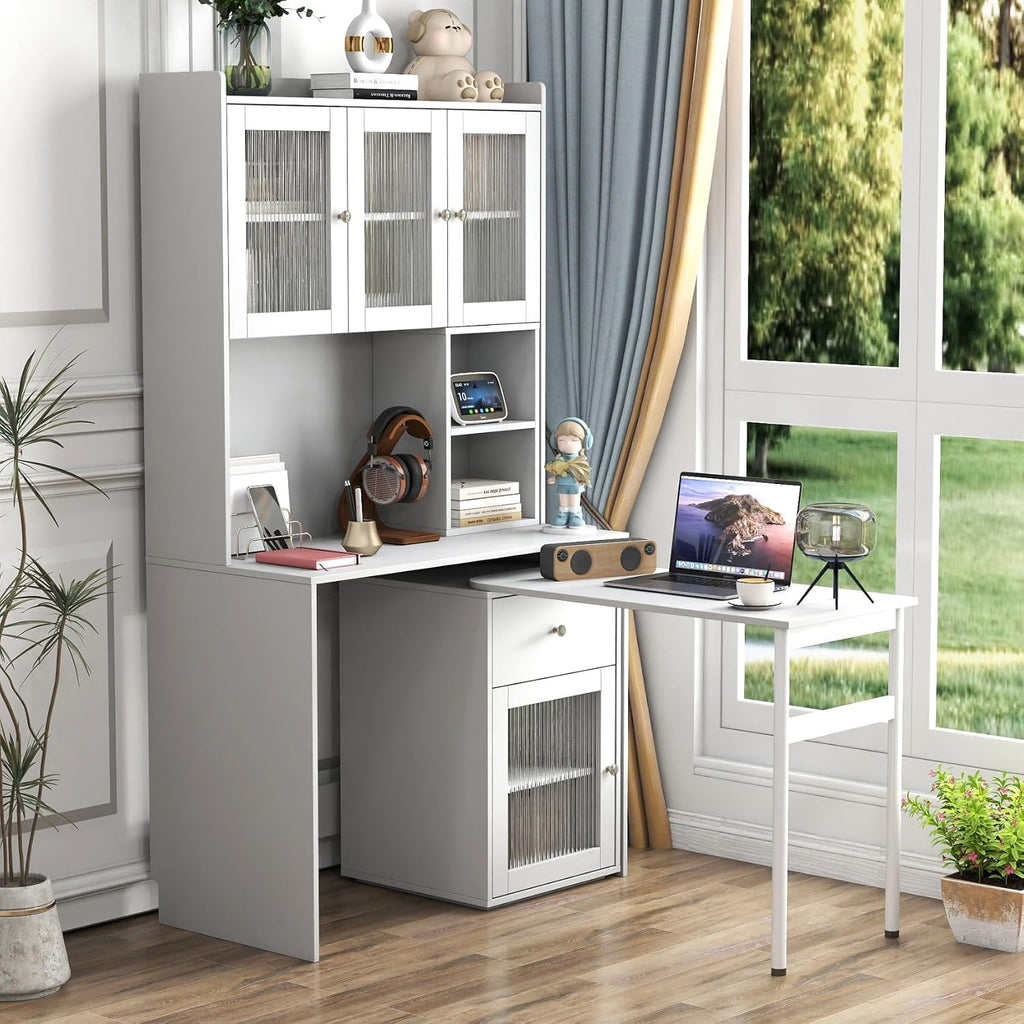 KEIKI L Shaped Home Office Desks with 90° Rotating Retractable Desktop, Glass Door, Hutch, Drawers, Bookshelf & Storage Shelves, Modern Gaming Computer Corner Table for Work, Study, Writing, White