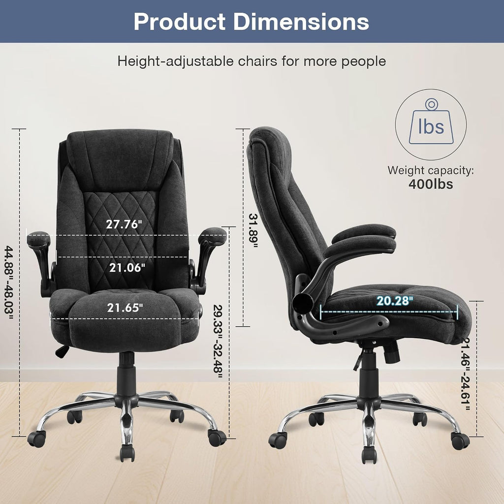 Big and Tall Fabric Office Chair 400lbs, High Back Executive Computer Desk Chair with Flip Up Armrest, Breathable Fabric Adjustable Height