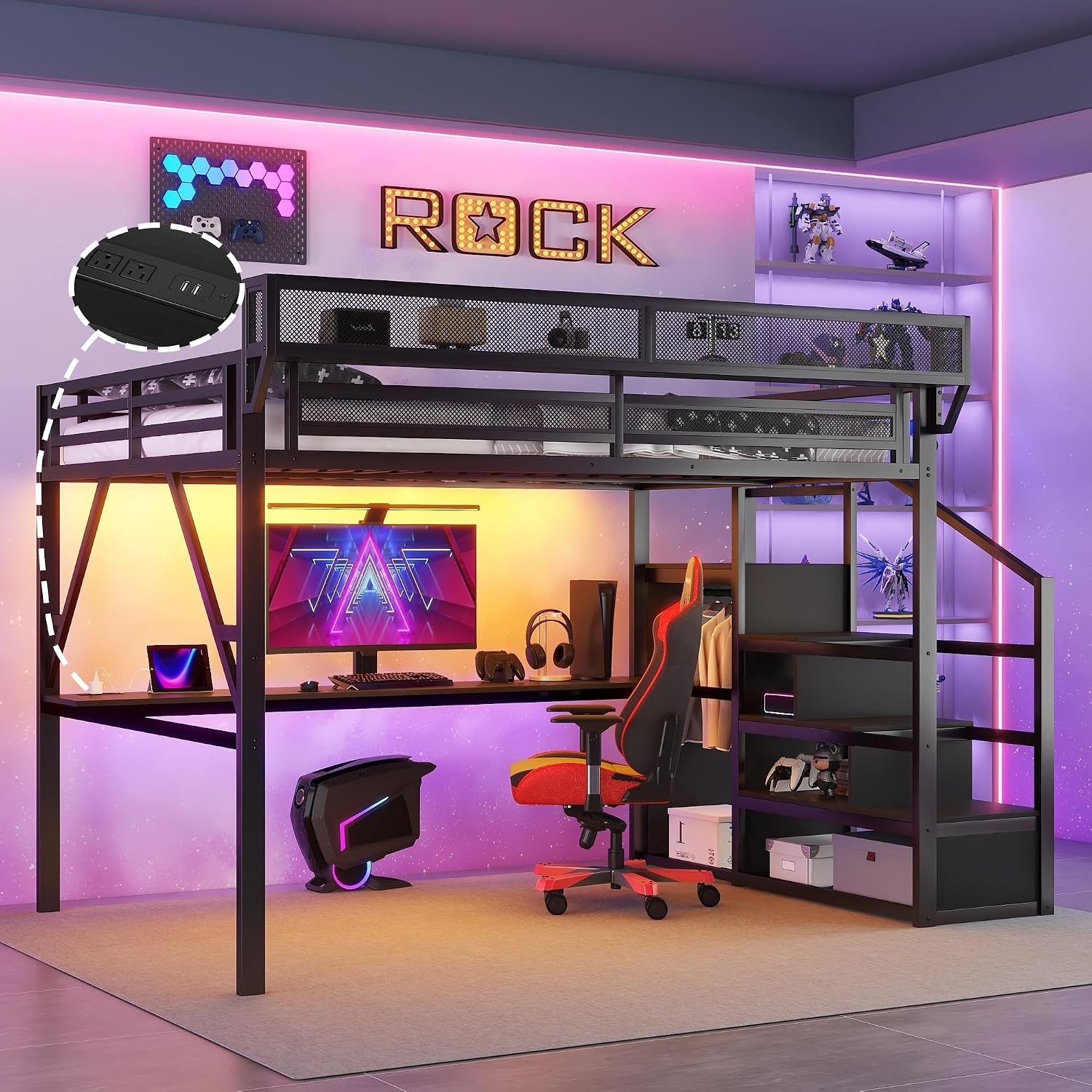Queen Size Loft Bed with Stairs & Desk, Metal High Gaming Loft Bed Queen Frame with Storage Shelves, RGB Light & Charging Station, Heavy-Duty Beds with Closet for Adults,Teens, Kids, All Black