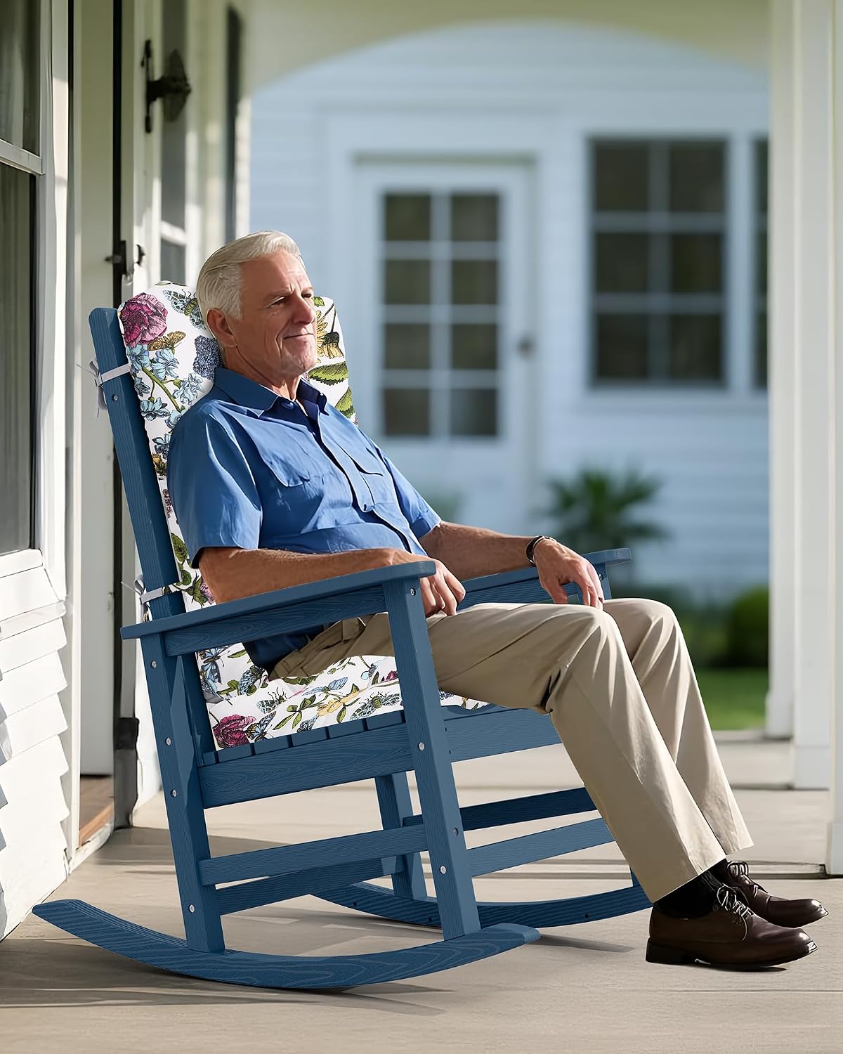 SERWALL SEWALL Oversized Outdoor Rocking Chair with Cushion, Patio Rocking Chairs for Porch, Blue HDPR Rocker+Flower Cushion