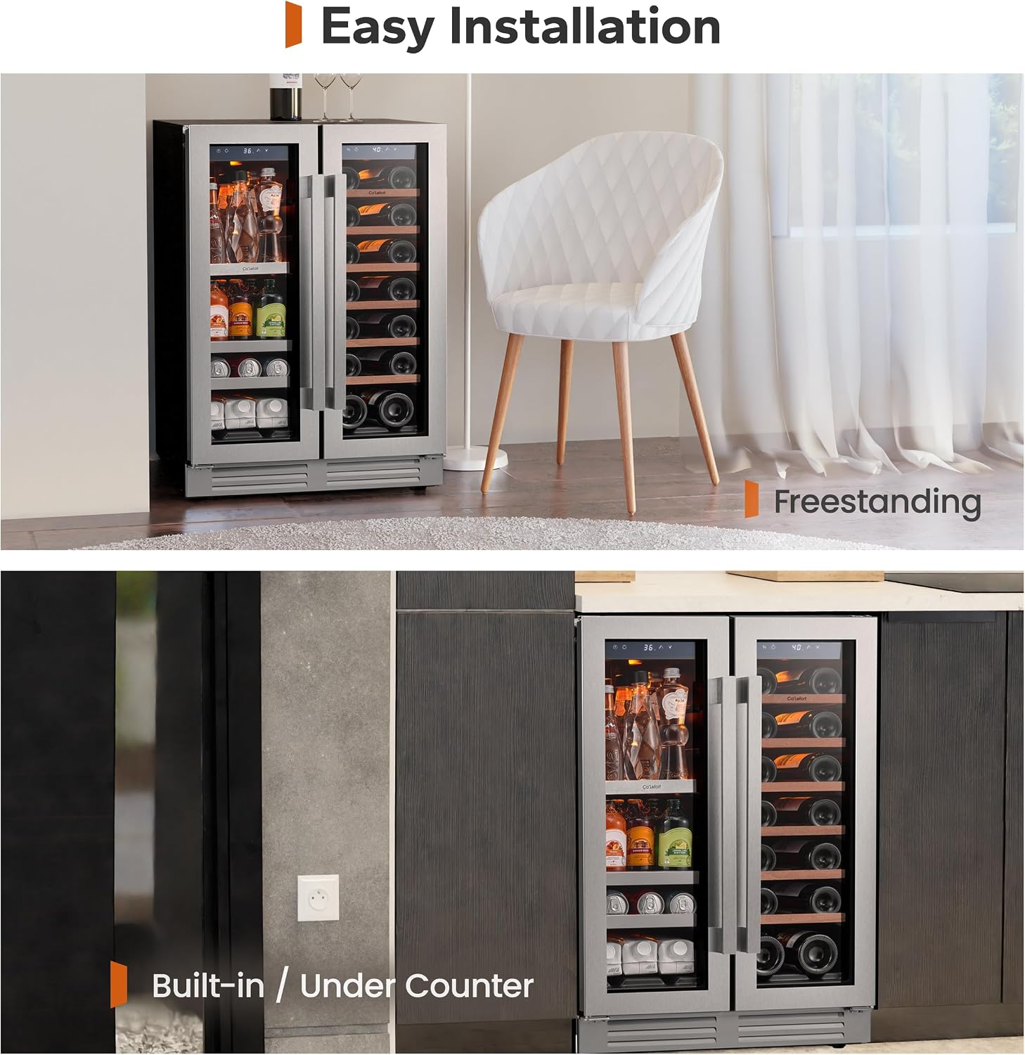 Ca'Lefort 24in Wine Fridge & Beverage Refrigerator with 3 Color LED Lights, Independent Dual Temp Zone Mini Fridge, Built-in/Freestanding Cooler for Wine/Beer Lovers, for Home, Kitchen, Office, Bar