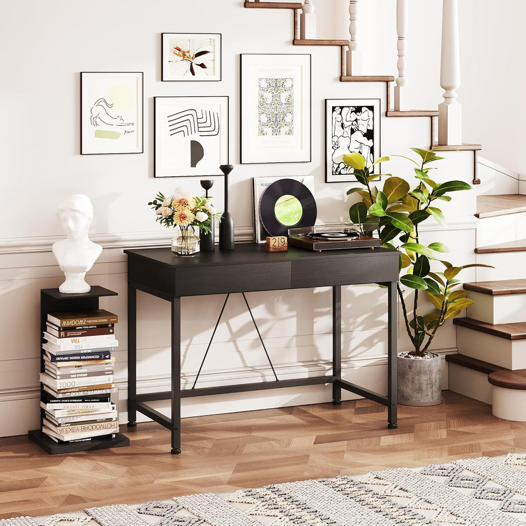 Mexin Small Black Desk with 2 Wooden Drawers, 40 Inch Home Office Writing Desk, Black Vanity Desk with Storage, Computer Desk for Bedroom Small Spaces, Table for Office, Work, Kids Study, Makeup