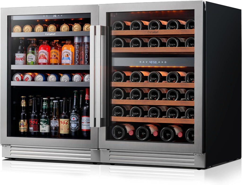 Ca'Lefort Wine and Beverage Refrigerator, 48 Inch Bundle Wine Fridge with 200 Cans and 46 Bottles, 34-65°F Built-in or Freestanding Beverage Fridge with Glass Door, Drink Cooler for Kitchen Bar Office
