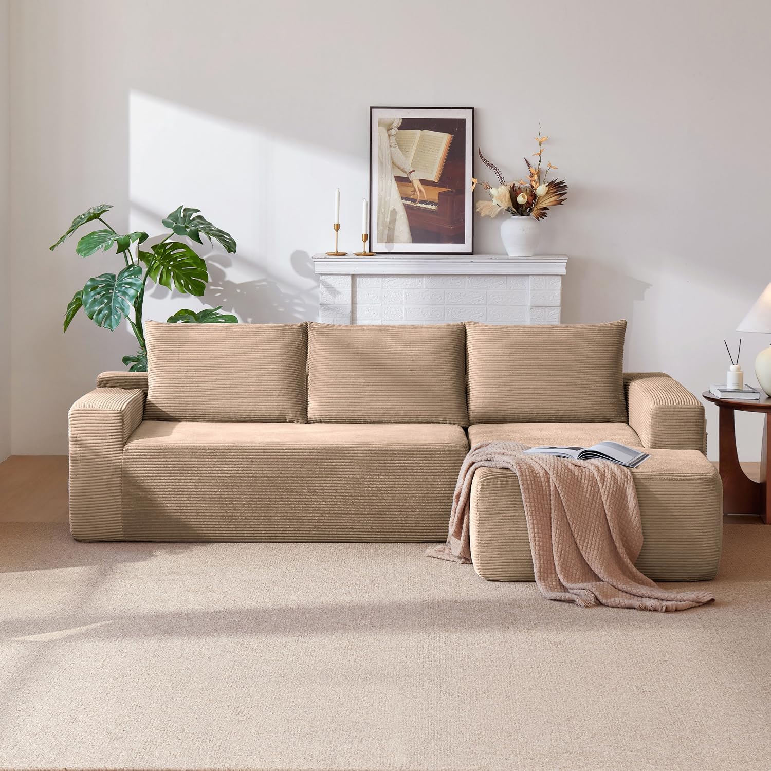 97' Cloud Sectional Couch,Modern Modular Sectional Sofa with Deep Seat,Corduroy Boneless Couches with L-Shape Chaise for Living Room Bedroom,No Assembly Required (Camel, 97' Right Facing Chaise)