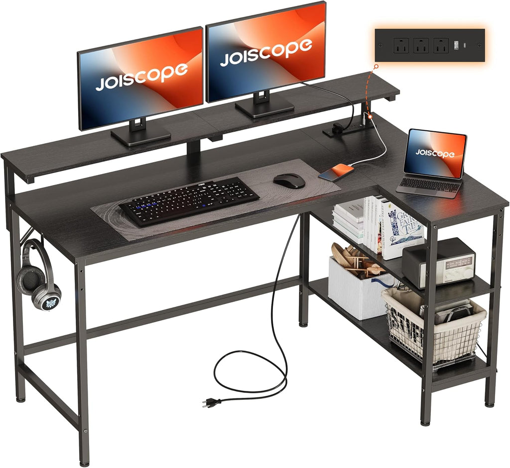 JOISCOPE L Shaped Gaming Desk with Shelves and Display Riser, Corner Computer Desk with USB and Type-C Outlet, Home Office Desk for Work, Writing and Study, 55 inches, Black