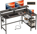 JOISCOPE L Shaped Gaming Desk with Shelves and Display Riser, Corner Computer Desk with USB and Type-C Outlet, Home Office Desk for Work, Writing and Study, 55 inches, Black