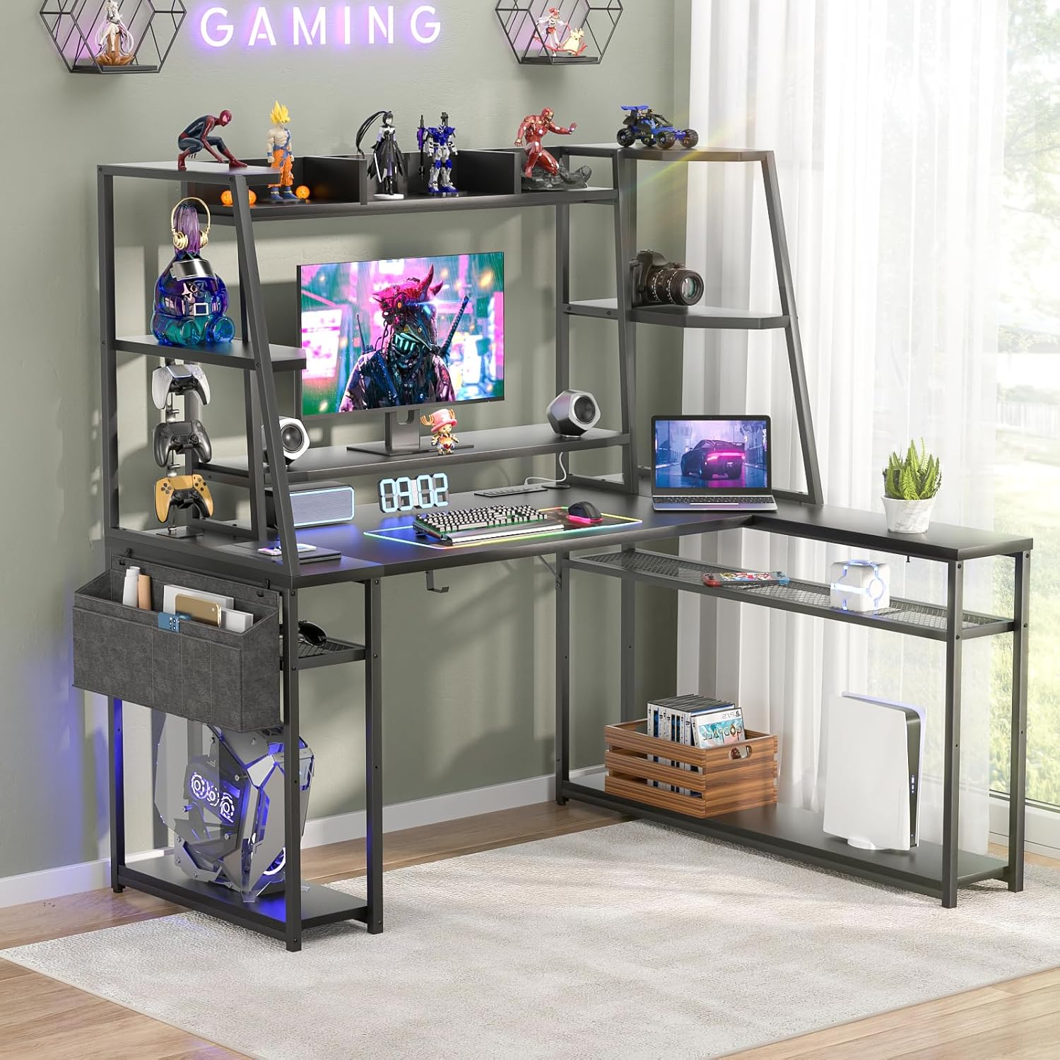 armocity L Shaped Gaming Desk with Hutch & Shelves, 47'' Computer LED Lights Power Strips, Reversible PC Shape Storage, for Monitor Stand, Black
