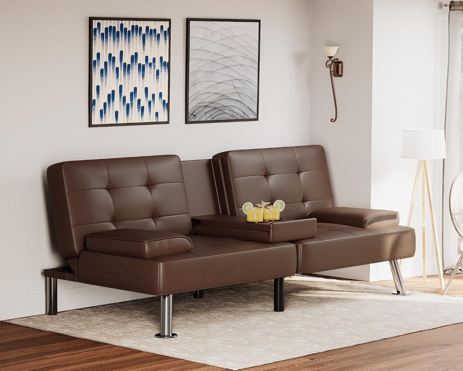 Flamaker Futon Sofa Bed Modern Folding Futon Set Convertible Recliner Lounge for Living Room with 2 Cup Holders, Removable Armrests (PU Leather, Brown)