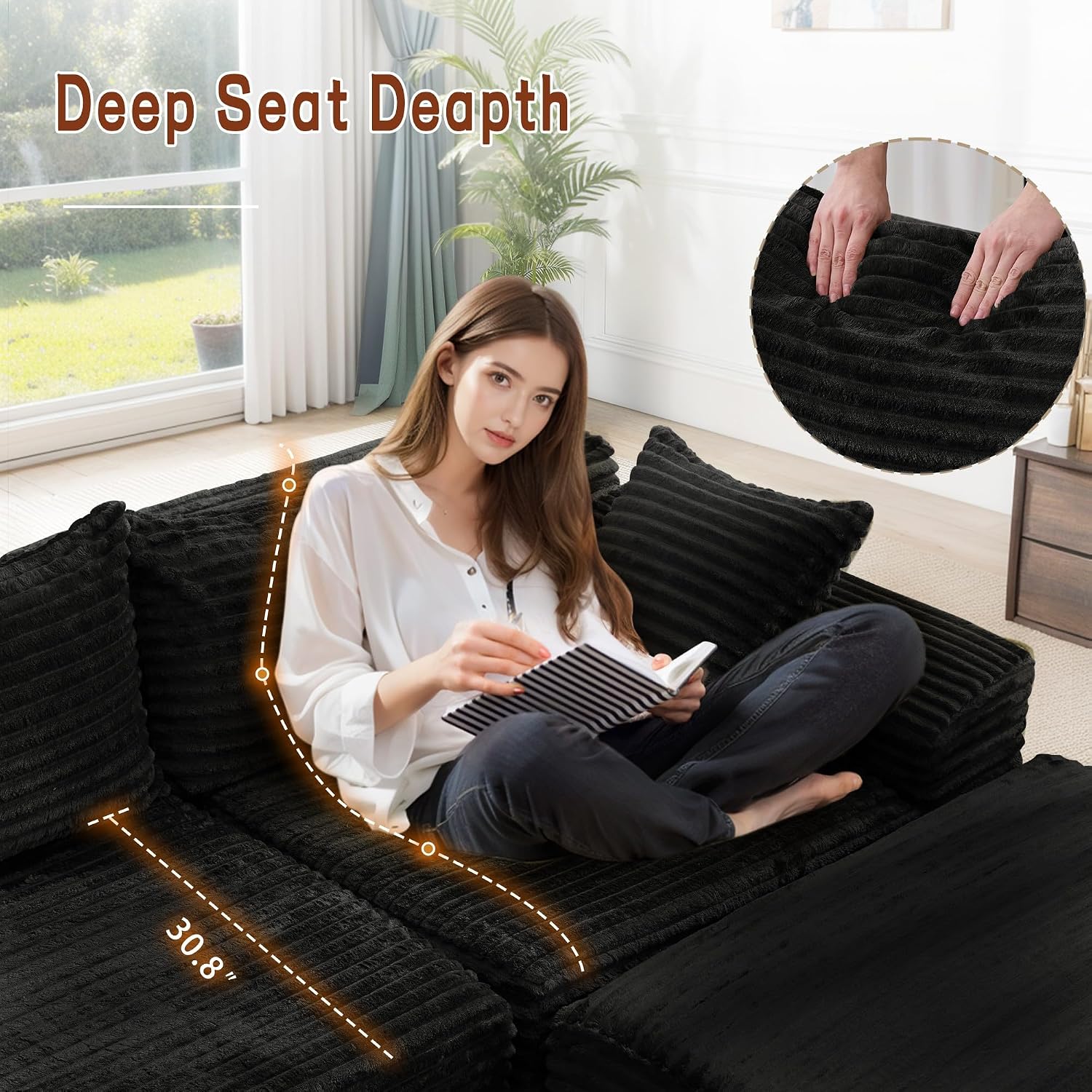 Korser 110' L-Shaped Modular Sectional Sofa with Chaise, Boneless Comfy Corduroy Fluffy Couch with Deep Seat and Side Pockets, Flexible Module Combination for Living Room, No Assembly, Side Pockets