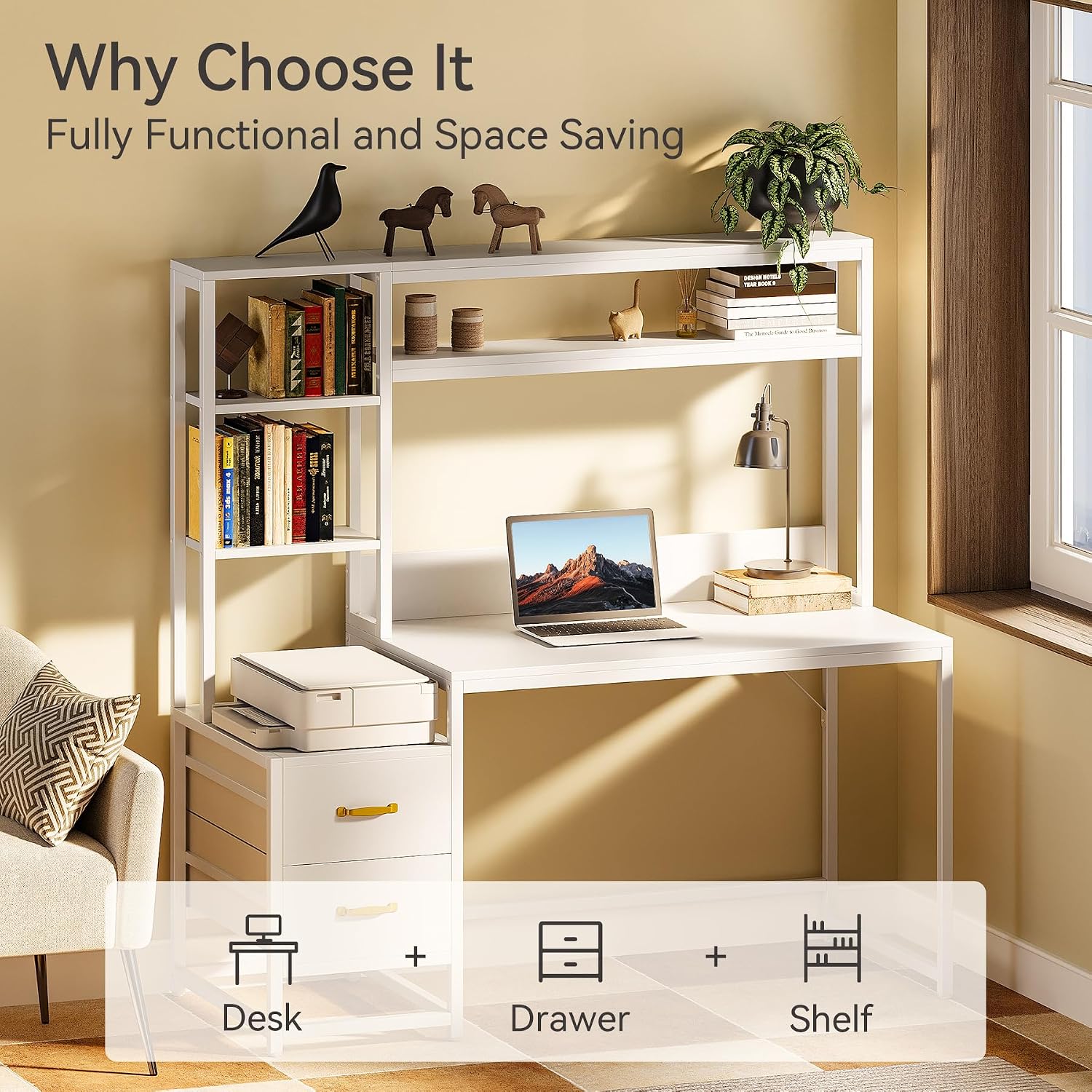 LITTLE TREE White Computer Desk with Drawers and Hutch, 55' Gaming Desk with Storage Shelves, Modern Wooden Study Writing Desk for Bedroom Home Office