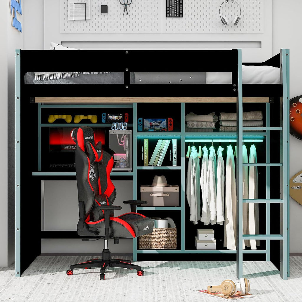 Merax Wood Loft Bed with Desk, Open Wardrobe, Storage Compartments and RGB Lights, Full Size, Cloud Blue