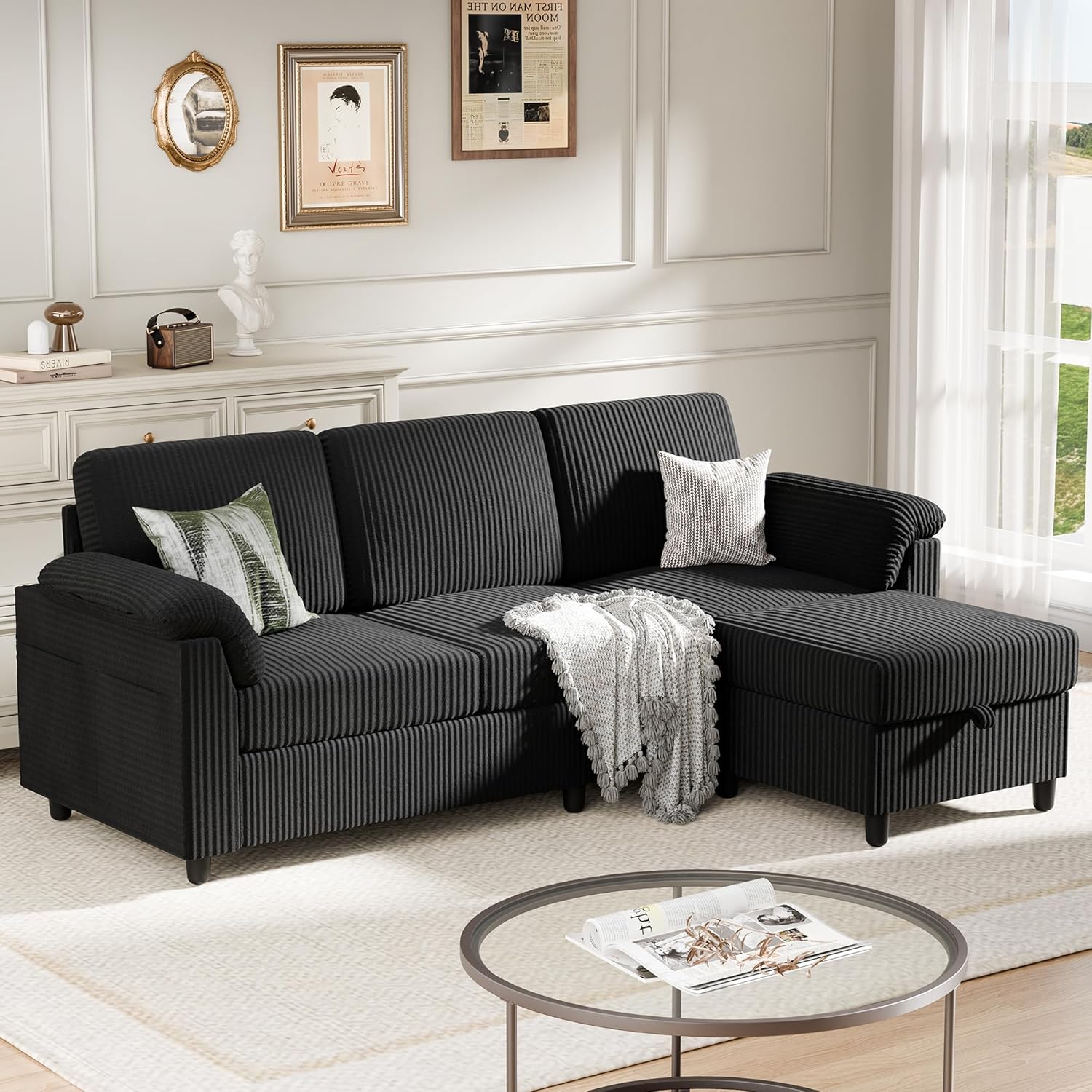 Sectional Sofa Couch for Living Room, 79' Sectional Couches with Ottoman, L Shaped Couch with Armrests Side Storage Pockage, 3-Seat Sofa Couches for Apartment, Black