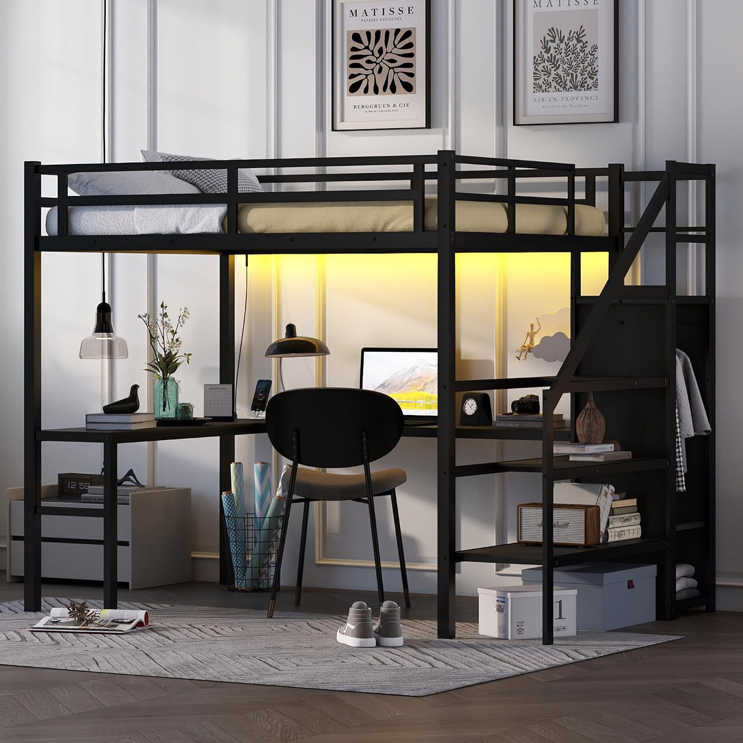Bellemave Metal Full XL Loft Bed with Desk and Wardrobe,Heavy Duty Loft Bed Frame with Storage Stairs and LED Lights for Kids, Teens, Adults,Space Saving,Black