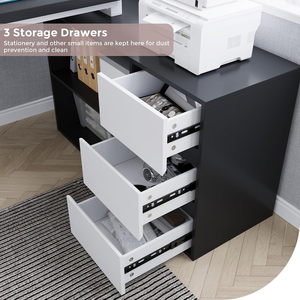 Home Office Computer Desk Corner Desk with 3 White Drawers and 2 Shelves, 53-inch L-Shaped Study Desk with Storage, Black + White