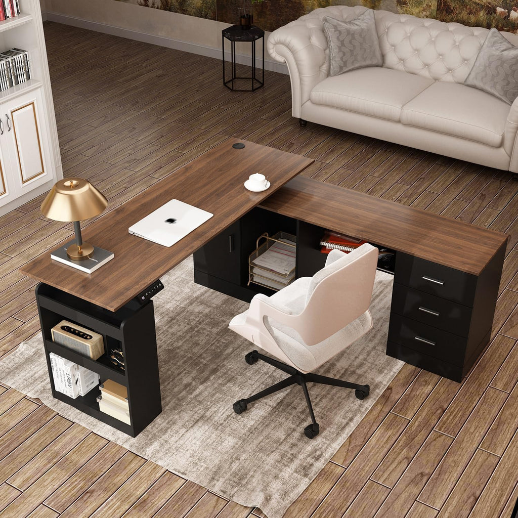 Homsee Home Office L Shaped Electric Standing Desk with Drawers and Shelves, Height Adjustable Stand up Desk, 63' Computer Executive Corner Table, Walnut & Black